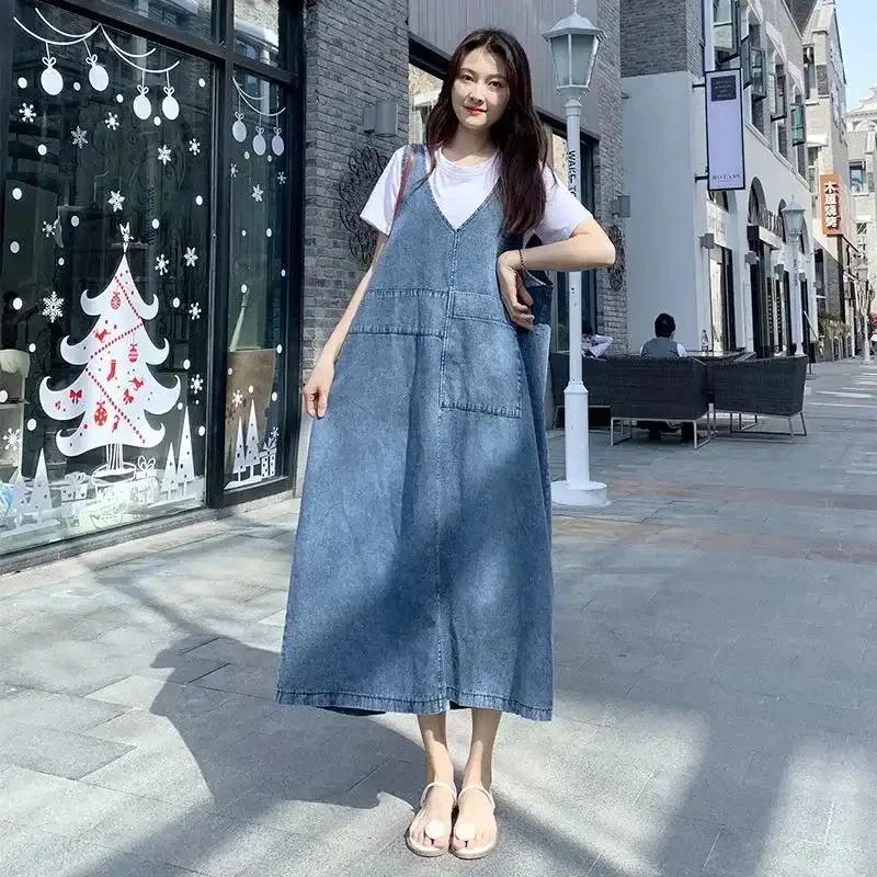 Denim V-Neck Midi Dress